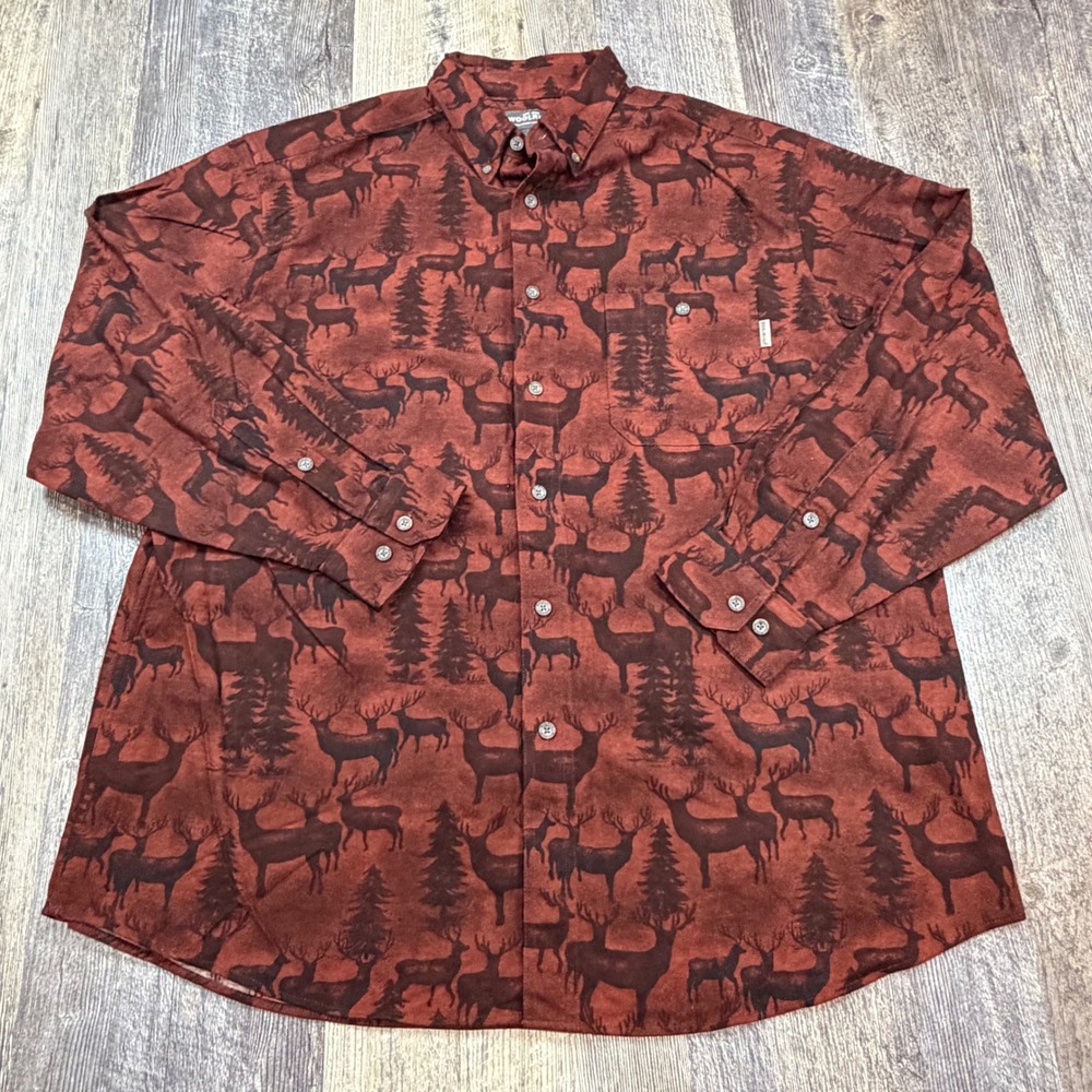 Woolrich Flannel Long Sleeve Button Down Shirt Mens XL AOP Deer Elk Print Copper